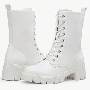 Women's Mid Calf Combat Boots Lace Up Elastic Chunky Platform Boot With Side Zip